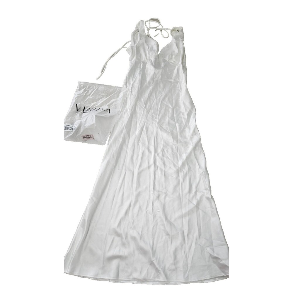 VUBIYA White Satin Maxi Dress Women Size M Backless Tie Strap Elegant Slip